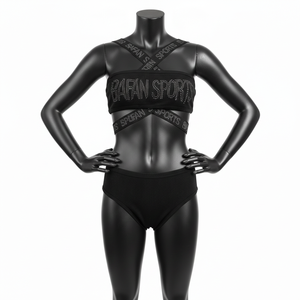 Conjunto de Bikini Negro Premium para Mujer, en Nylon y Spandex, con Tiras Cruzadas, Panel con Pedrería y Logotipo Personalizado - Product Image 6