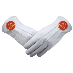 Gants de cérémonie en cuir blanc personnalisés pour chapitre Royal Arch avec broderie triangulaire rouge - Product Image 1