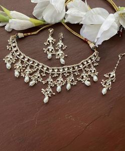 Trendy Women's Brass Gold Plated Pearl Zircon Bridal Necklace Set Matching Earrings Engagement Wedding Anniversary - Product Image 2