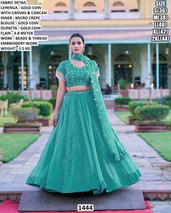 Ensemble Lehenga Classique Longue Manches Respirant Brodé Bhandhani Élégant Couleur Contrastante Naturelle Effet Illusion Fait Main - Product Image 4