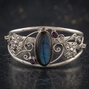 925 <b>Sterling</b> <b>Silver</b> Labradorite Cuff <b>Bracelet</b> Ornate Floral Scroll Design Natural Blue Fire Gemstone <b>Women</b>’s Statement Jewelry - Product Image 4