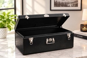 Desk <b>storage</b> <b>trunk</b> Black Metal <b>Storage</b> Box Rectangular Hinged Lid Classic Design With Silver Latches 1 Layer - Product Image 2