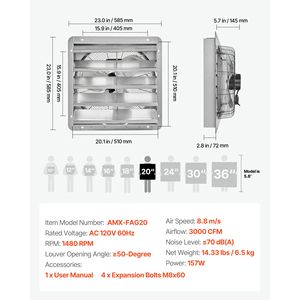 Ventilatore di Scarico a Parete da 20 Pollici con Motore AC, Ventilazione per Soffitta, Flusso d'Aria 3000 CFM, Costruzione in Acciaio Resistente, Bassa Rumorosità - Product Image 6