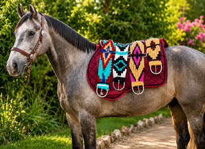 EQUIPO Correa de Cuello para Caballo con Patrón de Cruz Roja y Negra, de Lana y Cuero, Ajustable, con Anillos Metálicos Personalizables - Product Image 3