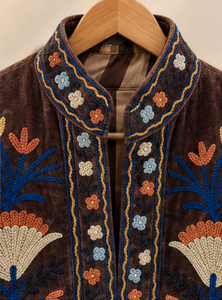 Thanksgiving Christmas Espresso Brown <b>Velvet</b> Reversible <b>Women</b> Suzani <b>Coat</b> Cream Flower Crewel Sustainable Jaipuri B2B Wholesale - Product Image 5