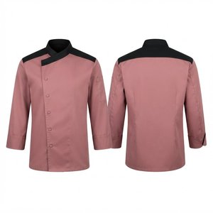 เสื้อเชฟคุณภาพพรีเมียม ผ้าโพลีคอตตอน 200 GSM สีชมพู-ดำ ตัดต่อแผงไหล่ แขนครึ่งตัว ติดกระดุม สำหรับร้านอาหารและบาร์ - Product Image 1
