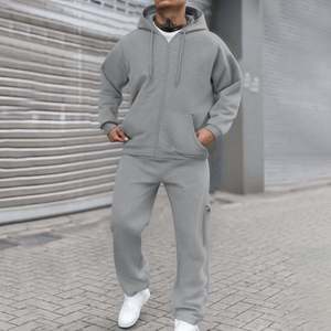OEM Made Men's Winter Oversized Classic Full <b>Zip</b> 100% Cotton Sweatsuits 2-Piece Long Sleeve Warm Hoodies Sets Pockets - Product Image 4