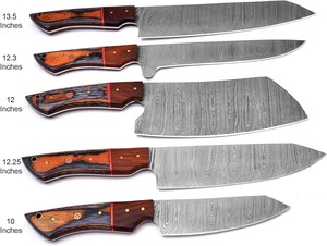 Ensemble de couteaux de cuisine professionnels en acier Damas fait main sur mesure, 5 pièces, avec manche en bois et étui en cuir, couteaux de camping - Product Image 2