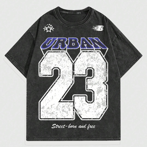 T-shirt à manches courtes pour homme Street Life avec logo graphique numérique et slogan imprimé, 100% coton 220g, délavage acide, coupe classique, style urbain - Product Image 1