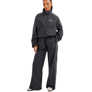<b>Women's</b> Cropped Full <b>Zip</b> High Collar Tracksuit Set <b>Top</b> Wide Leg Trousers Elastic Drawstring Waist Two Piece Casual Lounge Outfit - Product Image 4
