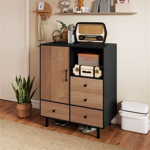 Credenza Moderna Stile Mid-Century con 4 Cassetti in MDF, Mobile Buffet Ecologico con Vetro per Sala da Pranzo e Soggiorno, Nero - Product Image 2