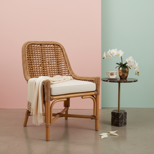 Chaise d'appoint ergonomique en rotin tressé naturel, style Mid-Century Modern, écologique, faite à la main, avec coussin amovible, pour salle à manger et salon - Product Image 2