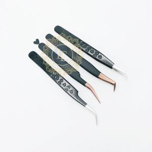 Pinzas para extensión de pestañas de acero inoxidable con punta de oro rosa de primera calidad, recubrimiento de polvo negro personalizado, mango de corazón sostenible - Product Image 6