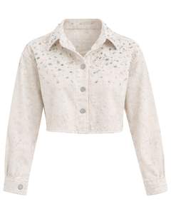 Chaqueta Vaquera Corta Beige Personalizada para Mujer con Cierre de Botones Frontales con Pedrería, Manga Larga, Estilo Urbano - Product Image 1