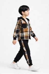 Ensemble de survêtement pour garçons ONETEN APPAREL, veste à capuche en coton à carreaux marron, pantalon à ourlet fendu, tenue d'hiver - Product Image 5