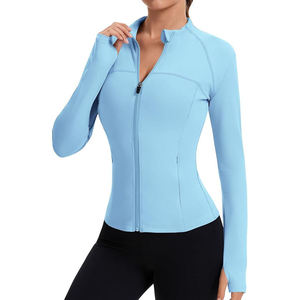 Women's Light Blue Full Sleeve Zipper Ribbed Yoga <b>Jacket</b> Fitted Breathable Seamless Spandex Polyester Athletic Outerwear - Product Image 2