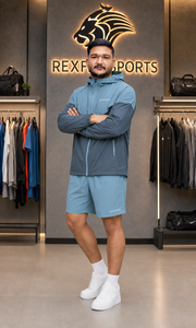 REXFIT SPORTS 2026 Custom <b>Men</b>’s Blue Grey Nylon Track Set <b>Lightweight</b> Hooded Windbreaker <b>Jacket</b> and Shorts Gym Running Team - Product Image 5