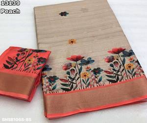 Ensemble Saree et Blouse Ethnique en Soie Tussar de Qualité Export Indienne pour Tenues de Fête, avec Imprimé Floral, Tissage Butti Zari Doré et Bordure Zari - Product Image 4