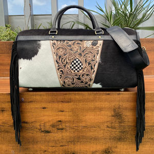 Equipaje de viaje de cuero de vaca genuino Vintage a la moda, conjunto combinado de diseño a cuadros de 2 piezas, bolsa de lona, regalo para mujer - Product Image 5