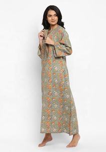 Vestido de caftán nocturno de algodón con estampado floral mostaza bonito bloque de mano con manga larga y detalle de cremallera frontal - Product Image 2