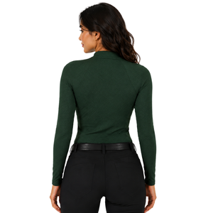 Chemise de base pour l'équitation pour femme, vert forêt, manches longues, col zippé, extensible, respirante, haute performance - Product Image 2