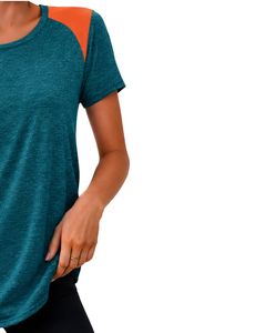 Customized Women Teal And Orange Quick Dry Sports T Shirt Breathable Lightweight Gym Running Athletic Activewear Tee <b>Top</b> - Product Image 4
