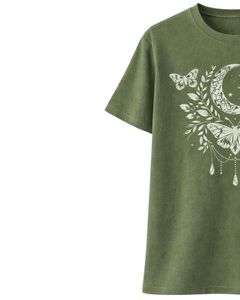 Camiseta Personalizada Verde Oliva para Mujer con Gráfico de Mariposa Lunar, Algodón Suave, Manga Corta, Estilo Boho Casual, Holgada, para Verano - Product Image 3