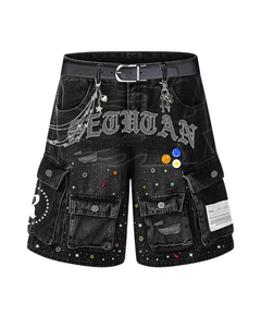 Relicstar - Pantalones Cortos Vaqueros Personalizados con Pedrería para Hombre, Estampado en Serigrafía, Estilo Vintage, 100% Algodón - Product Image 1