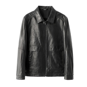 Veste en cuir véritable pour homme, col rabattu, fermeture éclair, style workwear, couleur unie, coupe classique, vêtement d'automne - Product Image 1