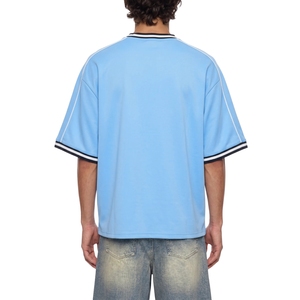 Maillot de football pour homme bleu ciel avec rayures latérales, col en V, bordure côtelée, vêtements de sport en gros - Product Image 3
