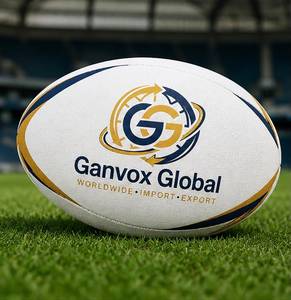 ลูกรักบี้ Ganvox Global Professional สำหรับเล่นกลางแจ้ง น้ำหนักเบา ทนทาน ไส้บอลบิวทิล เหมาะสำหรับการแข่งขันและฝึกซ้อม สีขาว น้ำเงิน ทอง พร้อมโลโก้ - Product Image 1