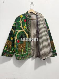 Chaqueta de Algodón Verde Terciopelo con Cuello Mandarín, Manga Larga, Bordado Floral, para Mujer, Ideal para Regalo o Fiesta, Ropa de Invierno - Product Image 4