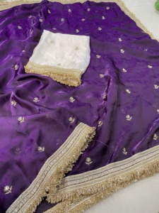 AARA Fashion Purple <b>Velvet</b> Silk <b>Saree</b> Gold Embroidery Border Sun Protection Wedding Occasion Women Traditional Floor Length - Product Image 6