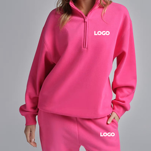 Sweat-shirt tendance pour femme, couleur rose vif, col zippé, logo personnalisé, sweat-shirt oversize, sweat-shirt en coton molletonné, pull à fermeture éclair décontracté pour femme - Product Image 1