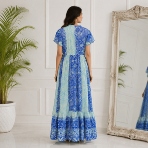 Vestido Maxi de Seda de Alta Calidad, Talla Única, Azul, Estampado Digital Étnico Vintage Paisley, Estilo Ibiza, Bohemio, Cintura Natural - Product Image 5