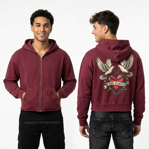 Sudadera con capucha y cremallera personalizada, azul oscuro, con efecto tie-dye, corte cropped, bajo sin rematar, gráfico de corazón 'Love Never Fades', estilo streetwear, de fábrica - Product Image 4