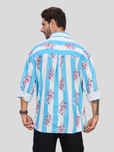 Chemise décontractée pour homme à rayures bleues et blanches, imprimé floral, manches longues, col rabattu, respirante, en polyester, pour toutes les occasions - Product Image 4