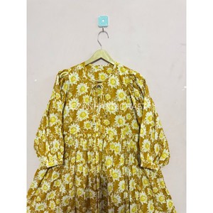 Wholesale Eco-Friendly Natural Waist Sweet Lace Cotton Golden Yellow Stripe Maxi Boho Hippie Party Dress Gown Women's Summer - Product Image 5