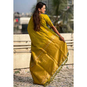 Elite Weaves Dual Zari Woven Green Soft <b>Silk</b> Saree with Deer Border Mehendi Styled <b>Silk</b> <b>Shawl</b> - Product Image 2