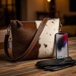 Bolso Tote de Cuero Genuino con Pelo de Vaca Estilo Vintage para Mujer, con Cierre de Cremallera y Bordado, Bolso de Compras de Moda LHTB-0061 - Product Image 3