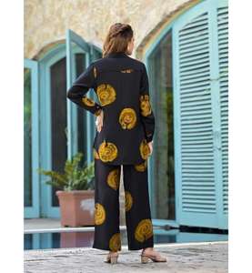 Chemise en mousseline noire et marron pour femme, à manches longues, boutonnée sur le devant, style décontracté et ensemble pyjama, prix de gros - Product Image 6