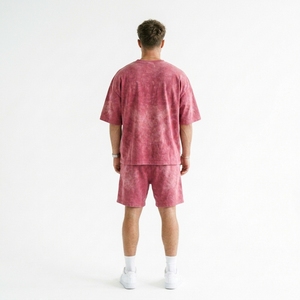 Ensemble T-shirt et short pour homme, 2 pièces, couleur unie, mélange de coton respirant et confortable, col rond, style décontracté d'été, vente en gros - Product Image 2
