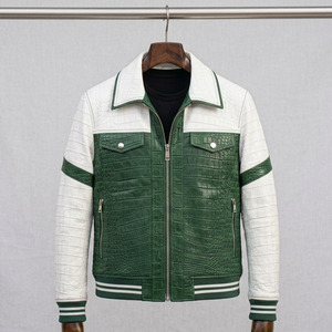 Veste de moto en cuir PU vert et blanc pour homme, motif crocodile embossé, fermeture éclair, col rabattu, coupe classique, style automne - Product Image 3