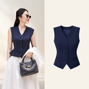 <b>Women's</b> Morden <b>Navy</b> Striped Tailored V Neck Peplum Back Design Vest Office Casual <b>Waistcoat</b> Polyester Spandex Custom Design HIRA - Product Image 1