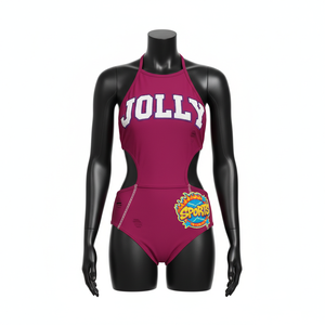 Maillot de bain une pièce pour femme en polyester et élasthanne 230 GSM, bordeaux, avec empiècements découpés, patch brodé et logo personnalisé - Product Image 5