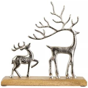 Sculpture de renne et de faon en aluminium argenté, artisanale et de haute qualité, sur socle en bois massif. Figurine de cerf moderne en métal, en promotion. - Product Image 1