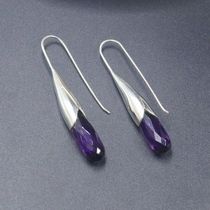 Nikhil Gems NG-033 Amethyst Quartz Teardrop <b>Earrings</b> Faceted Drop Gemstone Sterling Silver <b>Hook</b> Elegant Lightweight Dangle - Product Image 5