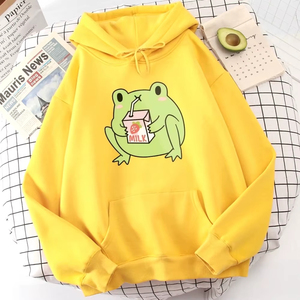 Sweat-shirt à capuche pour femme, imprimé mignon fraise lait grenouille, tendance professionnelle, décontracté, en polaire douce pour l'automne - Product Image 5