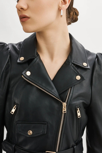 Women Black Cropped <b>Biker</b> <b>Jacket</b> Puff Shoulder Fashion Zipper Motorcycle <b>Jacket</b> - Product Image 5