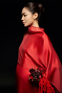 <b>Red</b> <b>Silk</b> Organza Woven Crew Neck Full Sleeve Loose Waist Minimalist Fancy Formal Cocktail Side Slit Summer Daily OEM Midi Dress - Product Image 3